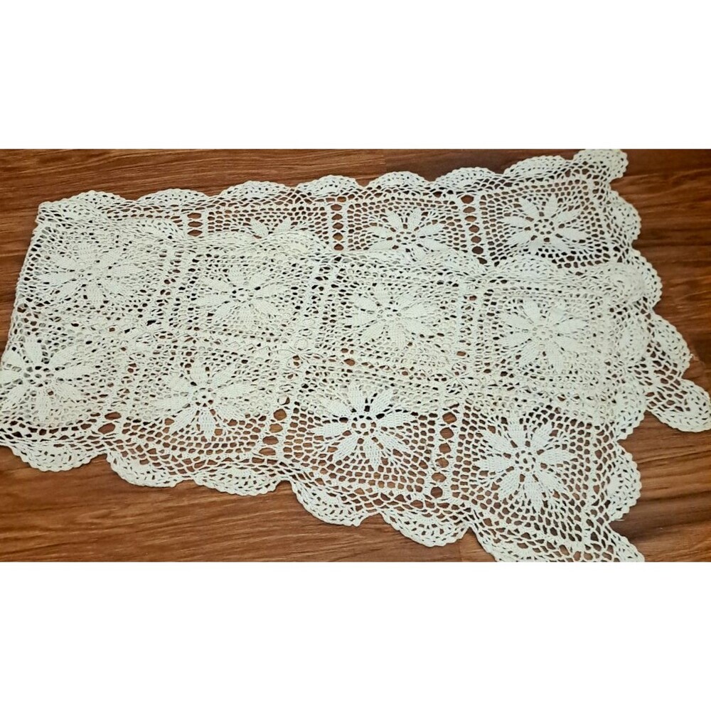 Vintage Crochet Knit Table Runner Ivory Handmade Floral Long Farmhouse 58x14